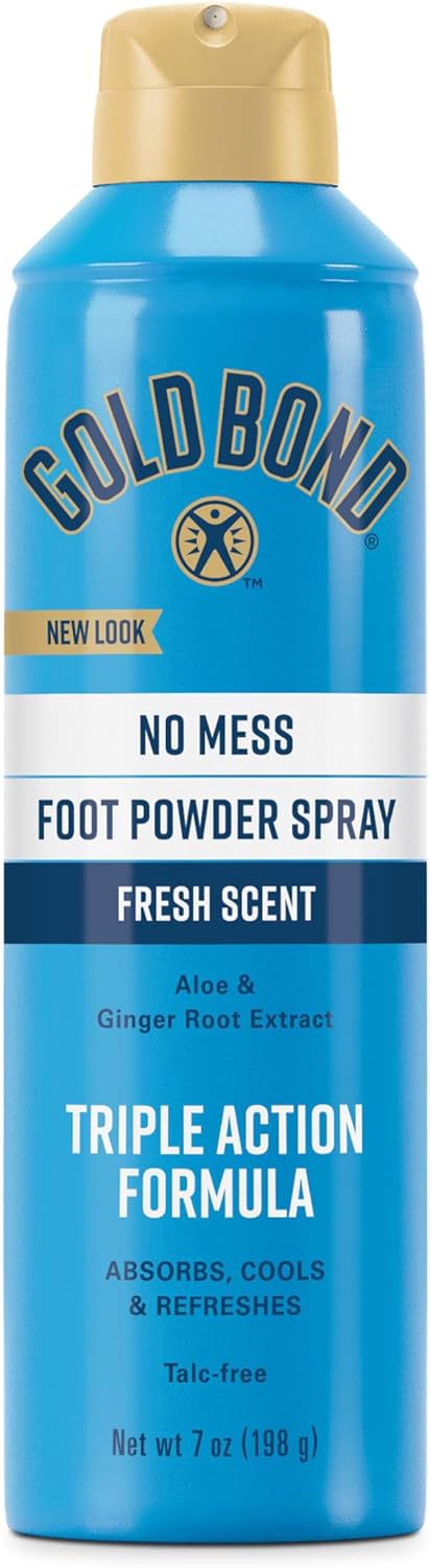 Gold Bond Foot Powder Spray, No Mess Talc-Free, 7 Oz., Fresh Scent | Spray can of foot powder for smelly feet & sweaty feet with a triple action formula, cools on contact