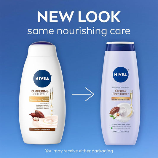 Nivea Pampering Cocoa and Shea Butter Body Wash with Nourishing Serum, Moisturizing Body Wash for Women, Enriched with Provitamin B5 and Vitamin E, 20 Fl Oz Bottle (Pack of 3)