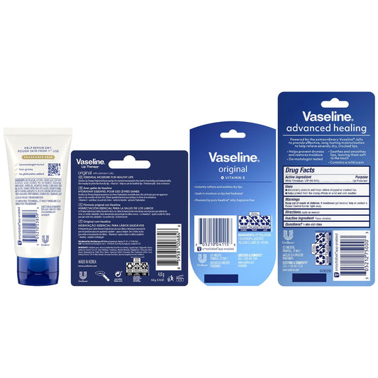 Vaseline Travel Essentials, Fragrance-Free Skin & Lip Care – Advanced Repair Unscented Lotion + Lip Therapy, Advanced Healing Tube, Original Stick & Mini Jars