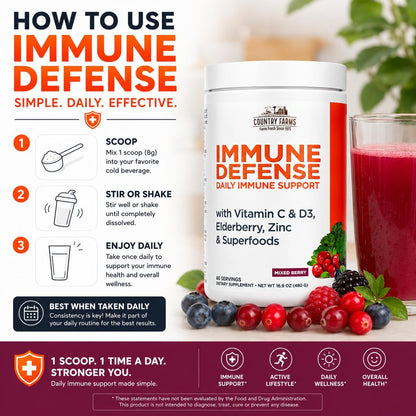 Country Farms Immune Defense Superfoods, Immune Support Supplement, Vitamin C with Black Elderberry, Echinacea, Turmeric, Supports Hydration, with Probiotics and Prebiotics, Berry Flavor, 60 Servings