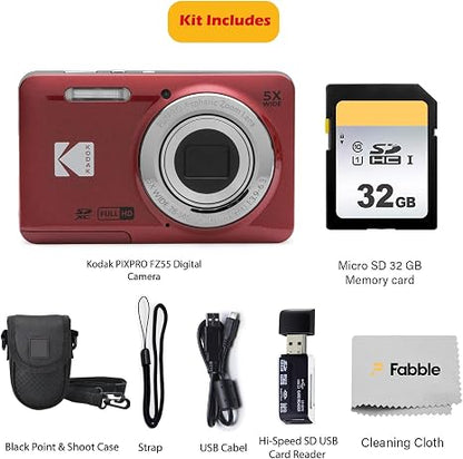 KODAK PIXPRO FZ55 16MP Digital Point & Shoot Camera, 5X Optical Zoom, 28mm Wide Angle, 1080P Full HD Video, Bundle with 32GB SD Card, Protective Case, and Hi-Speed Card Reader (Red)