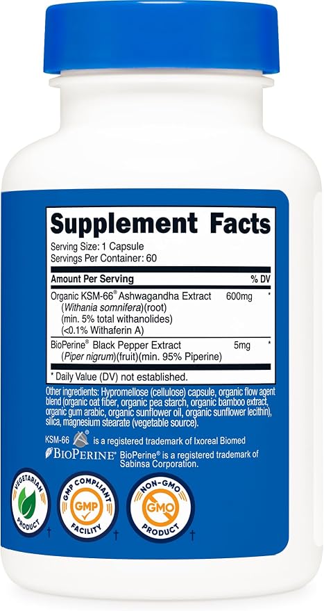 Nutricost KSM-66 Ashwagandha Root Extract 600mg, 60 Veggie Caps - 5% Withanolides - with BioPerine - Full-Spectrum Root Extract (Pack of 2)