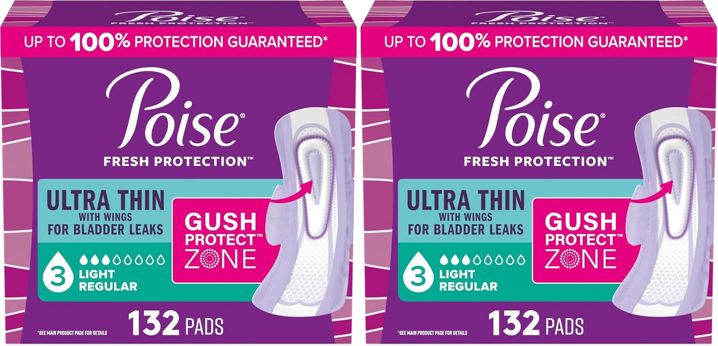 Poise Ultra Thin Incontinence & Postpartum Pads with Wings for Bladder Leaks, 3 Drop Light Absorbency, Regular Length, Packaging May Vary,132 Count (Pack of 2)
