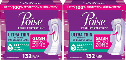 Poise Ultra Thin Incontinence & Postpartum Pads with Wings for Bladder Leaks, 3 Drop Light Absorbency, Regular Length, Packaging May Vary,132 Count (Pack of 2)