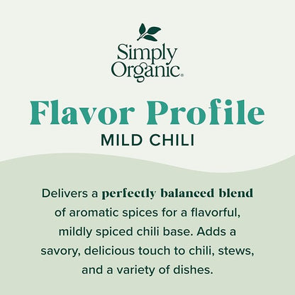 Simply Organic Mild Chili Seasoning Mix, 1-Ounce 12-Pack, Organic Cumin, Paprika, Cloves, Allspice, Warm, Hearty Taste