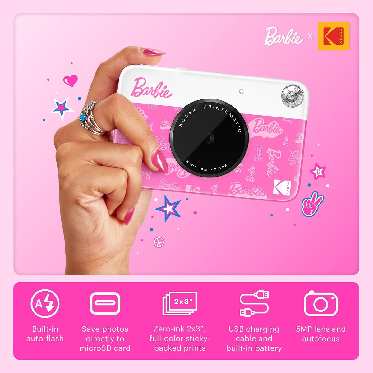 Barbie x Kodak Printomatic Full-Color Instant Print Digital Camera – 5MP Portable Barbie Camera Prints Colorful 2x3” Sticky-Back Photos – Signature Style