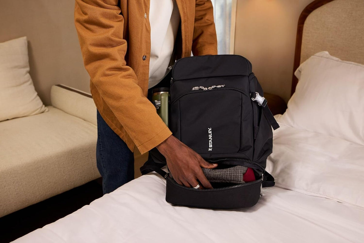 STANLEY Vitalize Backpack | Gym, Work & Travel Bag with Laptop Sleeve | Expandable Bottom Compartment | Tumbler & Water Bottle Pockets | Durable Recycled Fabric | Black