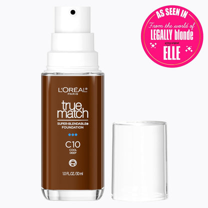 L'Oreal Paris True Match Super-Blendable Foundation, Medium Coverage Liquid Foundation Makeup, C10, Deep, 1 Fl Oz