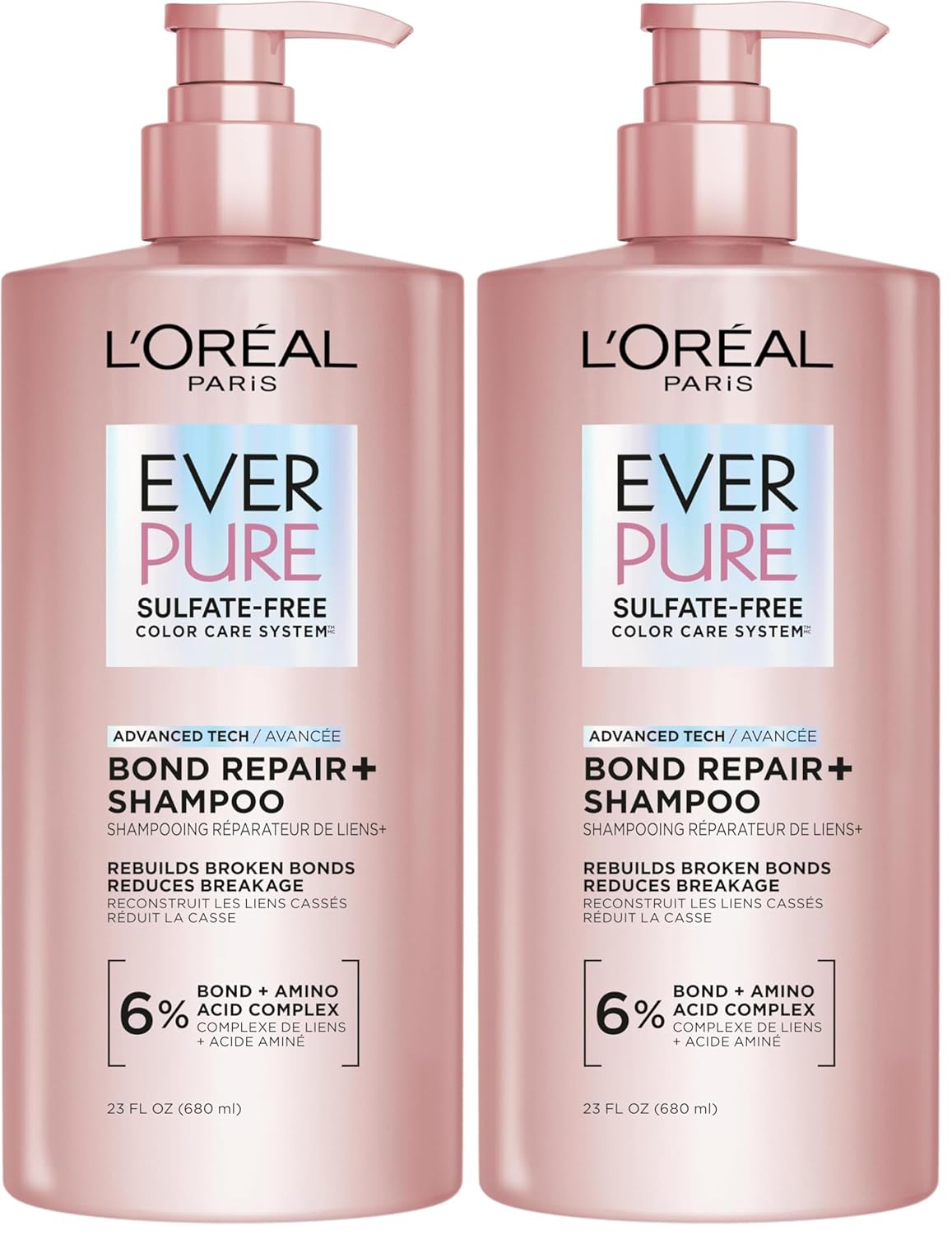 L'Oreal Paris Sulfate Free Bond Repair+ Shampoo, Hair Shampoo with Amino Acid Complex, Strengthens and Repairs Damaged or Color Treated Hair, EverPure, 23 Fl Oz, 2 Count (Packaging May Vary)