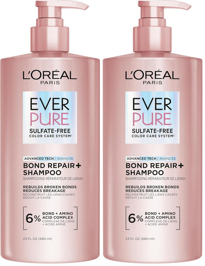L'Oreal Paris Sulfate Free Bond Repair+ Shampoo, Hair Shampoo with Amino Acid Complex, Strengthens and Repairs Damaged or Color Treated Hair, EverPure, 23 Fl Oz, 2 Count (Packaging May Vary)