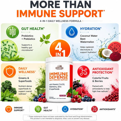 Country Farms Immune Defense Superfoods, Immune Support Supplement, Vitamin C with Black Elderberry, Echinacea, Turmeric, Supports Hydration, with Probiotics and Prebiotics, Berry Flavor, 60 Servings