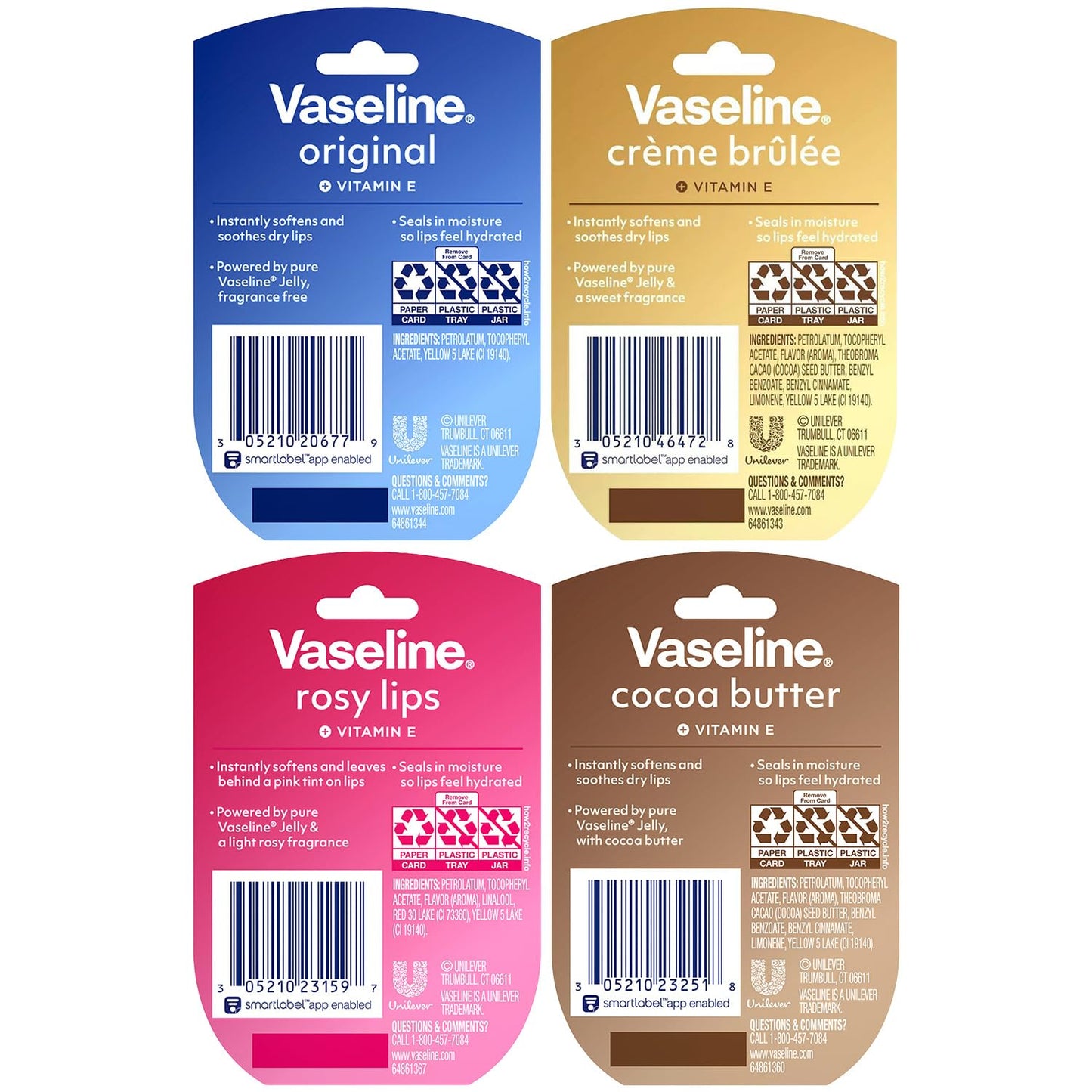 Vaseline Lip Therapy Variety 8-Pack – Original, Crème Brûlée, Rosy Lips, Cocoa Butter Mini Lip Balms for Soft, Glowing, and Deliciously Kissable Lips, 0.25 Oz Ea