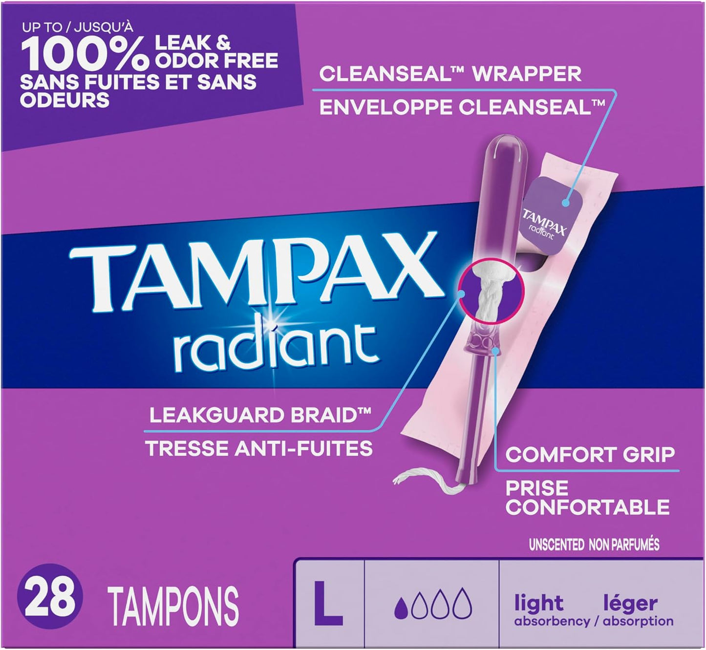 Tampax Radiant Tampons Light Absorbency with BPA-Free Plastic Applicator and LeakGuard Braid, Unscented, 28 Count, Packaging May Vary