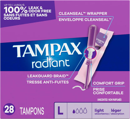 Tampax Radiant Tampons Light Absorbency with BPA-Free Plastic Applicator and LeakGuard Braid, Unscented, 28 Count, Packaging May Vary