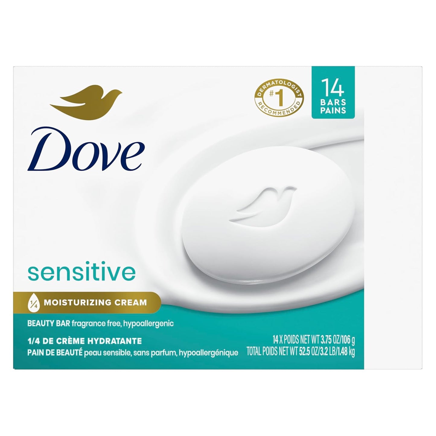 Dove Beauty Bar More Moisturizing Than Bar Soap for Softer Skin, Fragrance-Free, Hypoallergenic, Sensitive Skin with Gentle Cleanser 3.75 oz 14 Bars