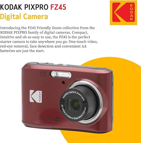 KODAK PIXPRO FZ45 16MP Digital Camera with 4X Optical Zoom 27mm Wide Angle and 2.7" LCD Screen Bundle with 32GB SD Memory Card, AA Batteries (4 Pack), Lens Cleaning Cloth (Red)