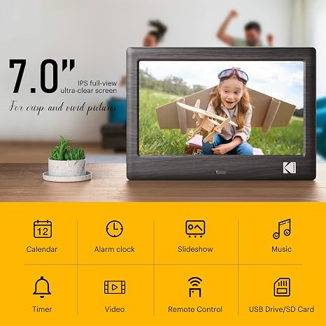 KODAK 7 Inch Digital Picture Frame with Remote Control, 1024x600 HD Display Digital Photo Frame, USB or SD Card Required, Auto-Rotate, Supports Photo/Video/Music/Calendar/Slideshow