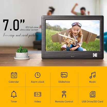 KODAK 7 Inch Digital Picture Frame with Remote Control, 1024x600 HD Display Digital Photo Frame, USB or SD Card Required, Auto-Rotate, Supports Photo/Video/Music/Calendar/Slideshow