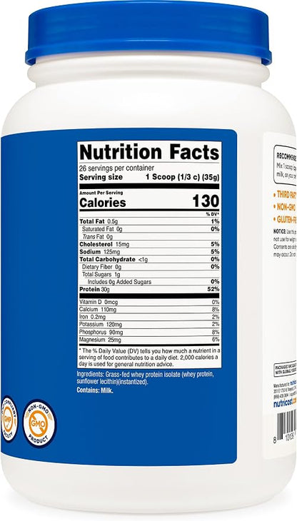 Nutricost Grass-Fed Whey Protein Isolate (Unflavored) 2LBS