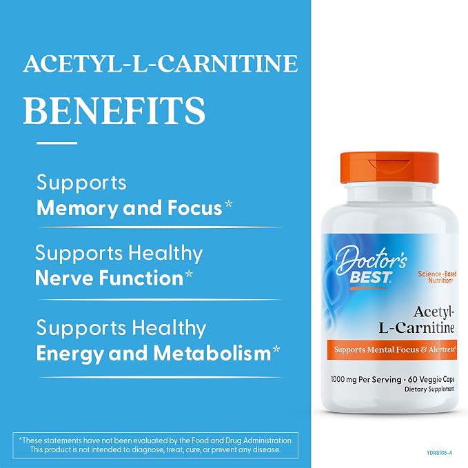Doctors Best Acetyl-L-Carnitine 1000 mg Per Serving, 60 Veg Caps