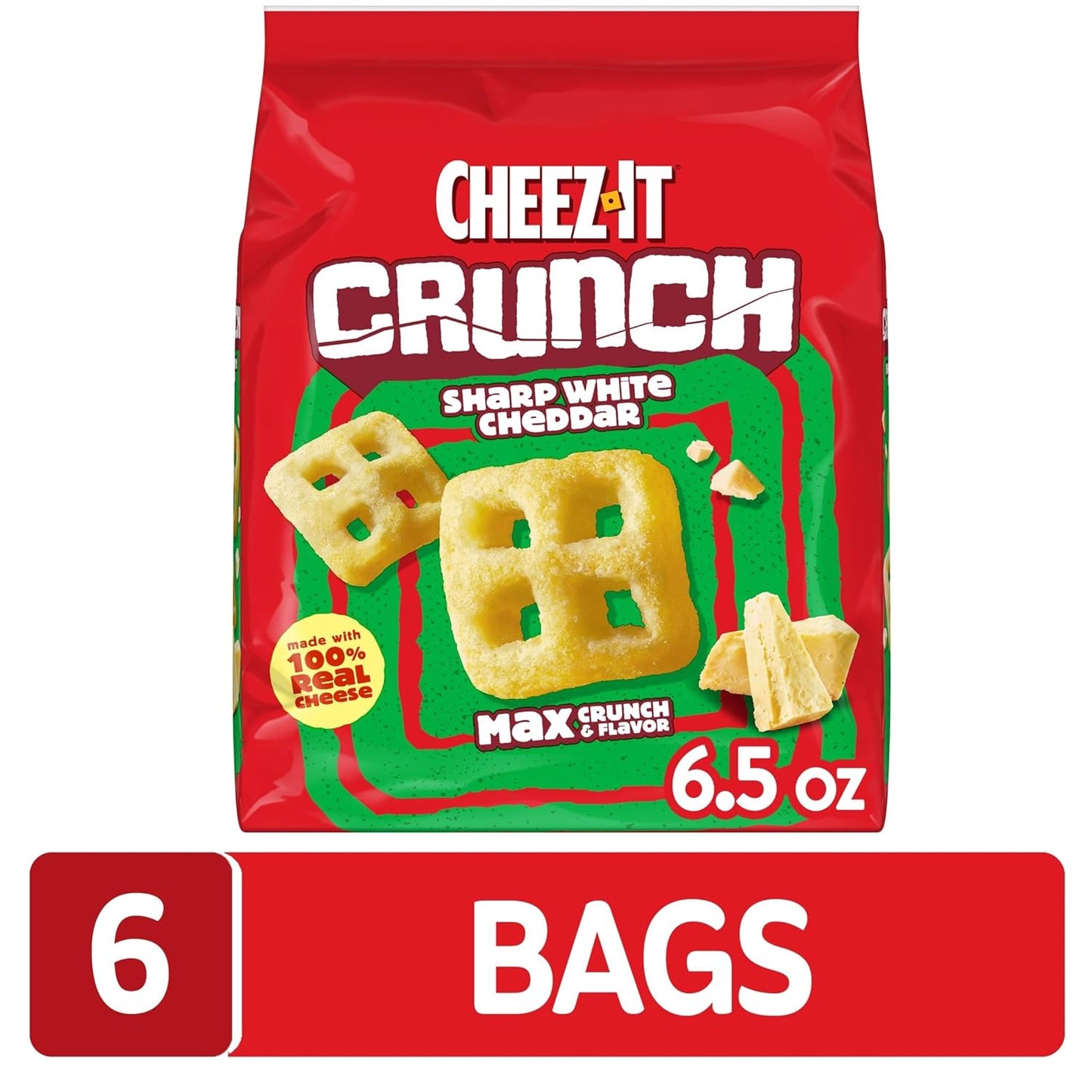 Cheez-It Crunch Cheesy Baked Snacks, Lunch Snacks, Sharp White Cheddar (6 Bags)