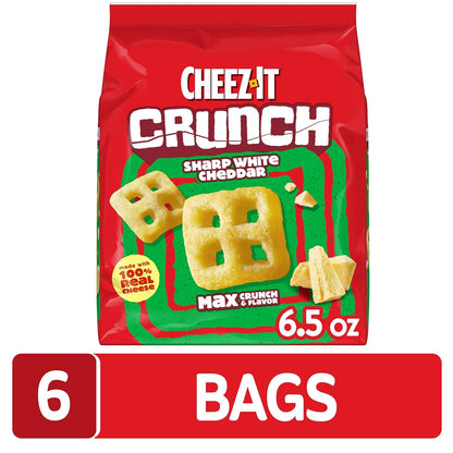Cheez-It Crunch Cheesy Baked Snacks, Lunch Snacks, Sharp White Cheddar (6 Bags)