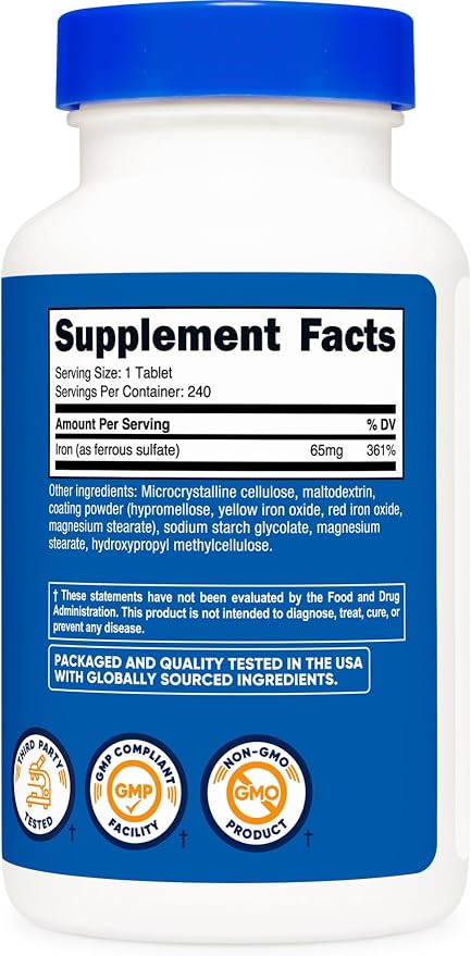 Nutricost Iron (As Ferrous Sulfate) 65mg, 240 Tablets, Gluten Free