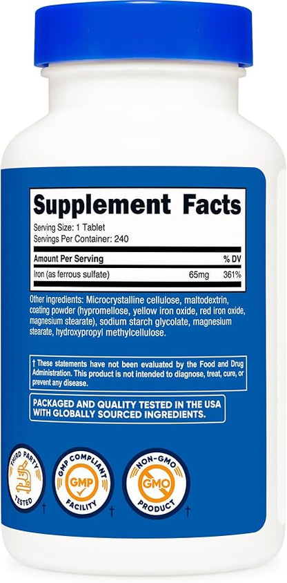 Nutricost Iron (As Ferrous Sulfate) 65mg, 240 Tablets, Gluten Free