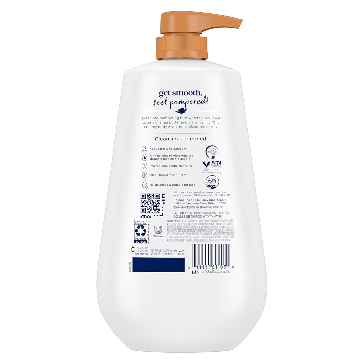 Dove 24hr Lotion Body Wash Pamper Shea Butter & Vanilla, 30.6 oz | Moisturizing body wash with MicroMoisture for 24-hour hydration and lotion-soft skin
