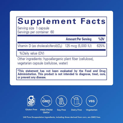 Pure Encapsulations Vitamin D3 125 mcg (5,000 IU), 60 Capsules