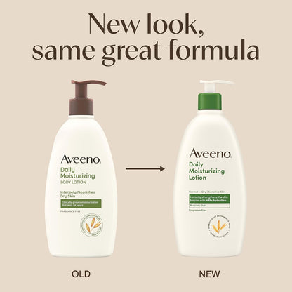 Aveeno Daily Moisturizing Body Lotion for Normal to Dry Skin with Soothing Prebiotic Oat, Non Greasy, Non Comedogenic, Fragrance Free Body Lotion for Women & Men, 18 fl oz