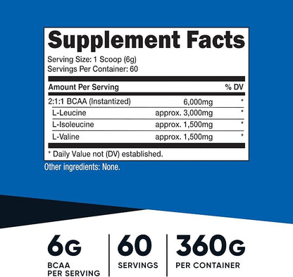 Nutricost BCAA Powder 2:1:1 (Unflavored) 60 Servings, Vegetarian, GMO-Free