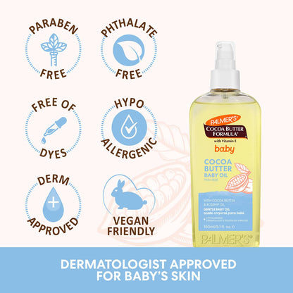 Palmer's Cocoa Butter Formula Gentle Baby Oil, 5.1 fl oz, Nourishing for Delicate Skin, Vitamin E Baby Essentials, (Pack of 2)