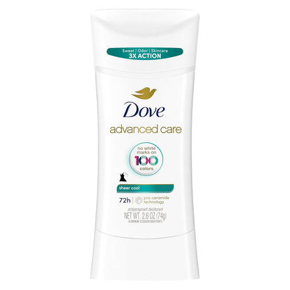 Dove Advanced Care Antiperspirant Deodorant Stick Sheer Cool for Soft, Resilient Skin, with 72-Hour Sweat & Odor Protection, 2.6 oz (Pack of 12)