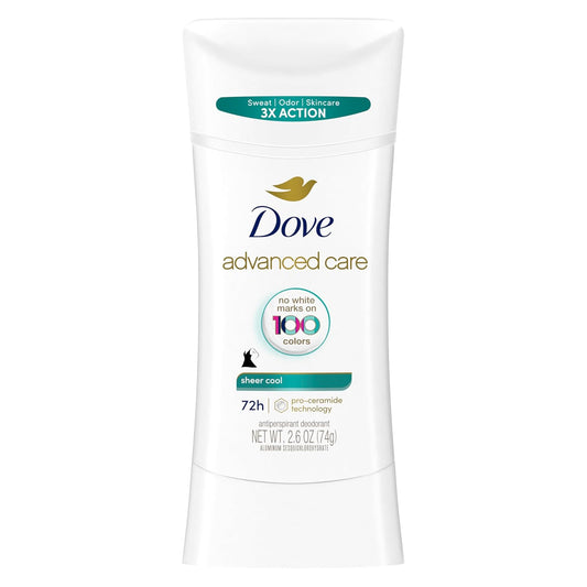 Dove Advanced Care Antiperspirant Deodorant Stick Sheer Cool for Soft, Resilient Skin, with 72-Hour Sweat & Odor Protection, 2.6 oz (Pack of 12)