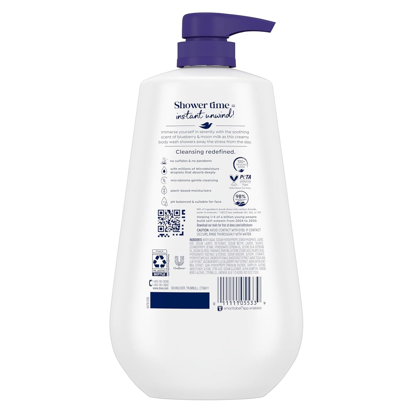 Dove Body Wash Unwind Blueberry & Moon Milk For 24hr Lotion-Soft Skin Moisturizing Skin Cleanser with No Sulfates No Parabens 30.6 oz (Pack of 3)