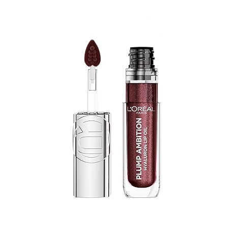 L'Oreal Paris Plump Ambition Hyaluron Lip Oil Shimmer, 24 HR Lip Gloss with Hyaluronic Acid, Volumizing Formula with Glass-Like Shine, Ruby Lights, 0.16 fl oz