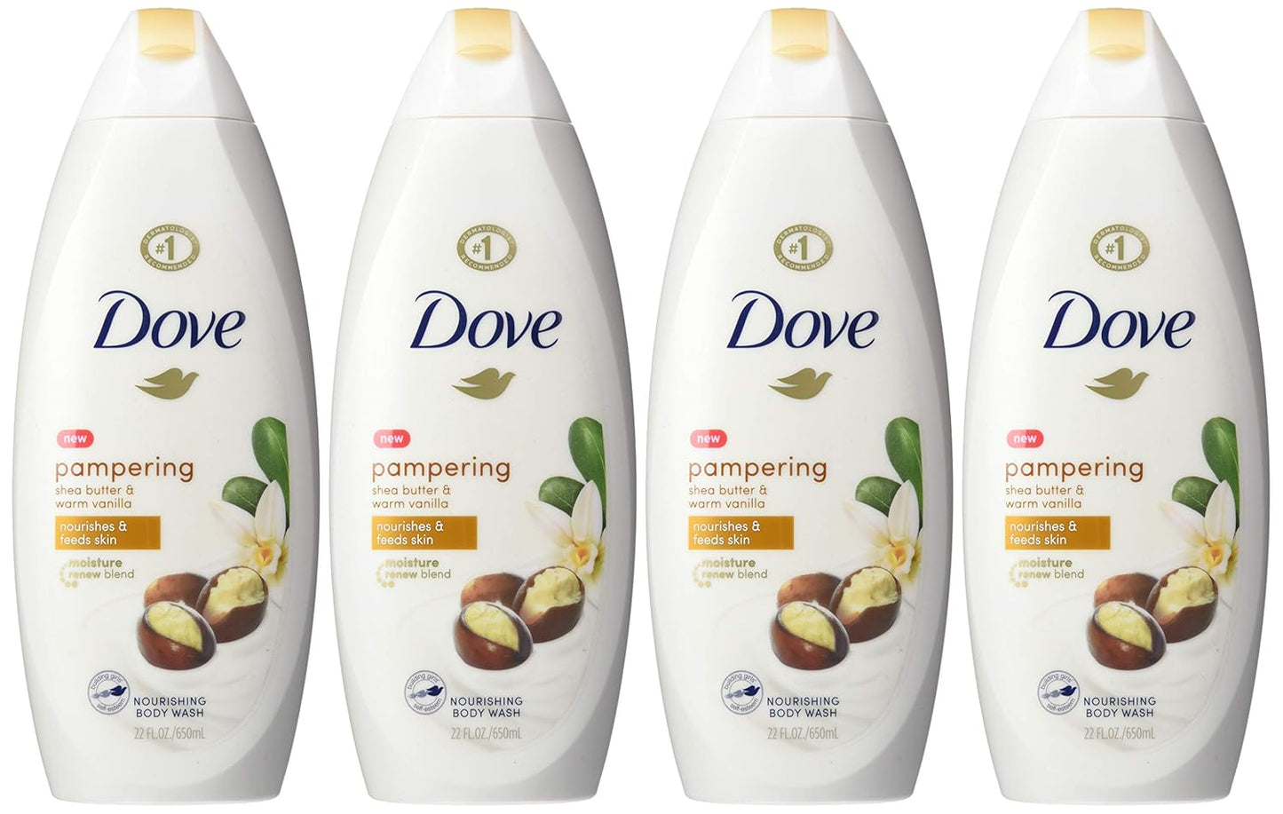 Dove Purely Pampering Body Wash for Dry Skin Shea Butter with Warm Vanilla Effectively Washes Away Bacteria While Nourishing Your Skin, 22 Fl Oz (Pack of 4)
