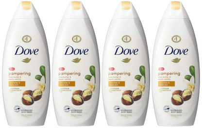 Dove Purely Pampering Body Wash for Dry Skin Shea Butter with Warm Vanilla Effectively Washes Away Bacteria While Nourishing Your Skin, 22 Fl Oz (Pack of 4)