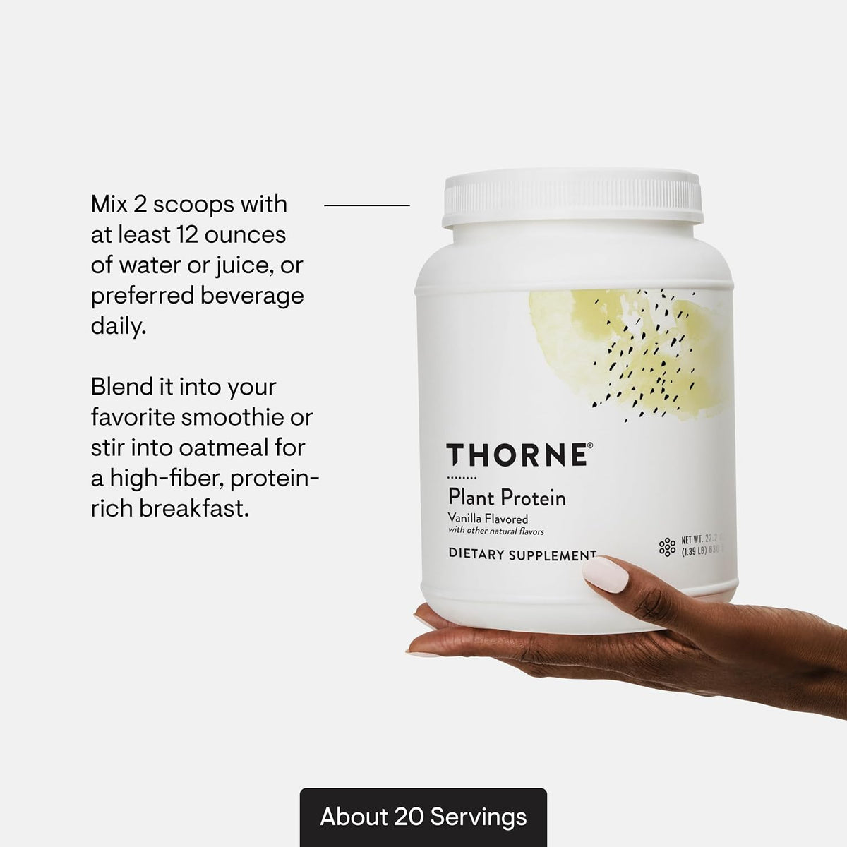 THORNE Plant Protein, 22 g Pea, Rice & Chia Protein Powder, 20 Servings