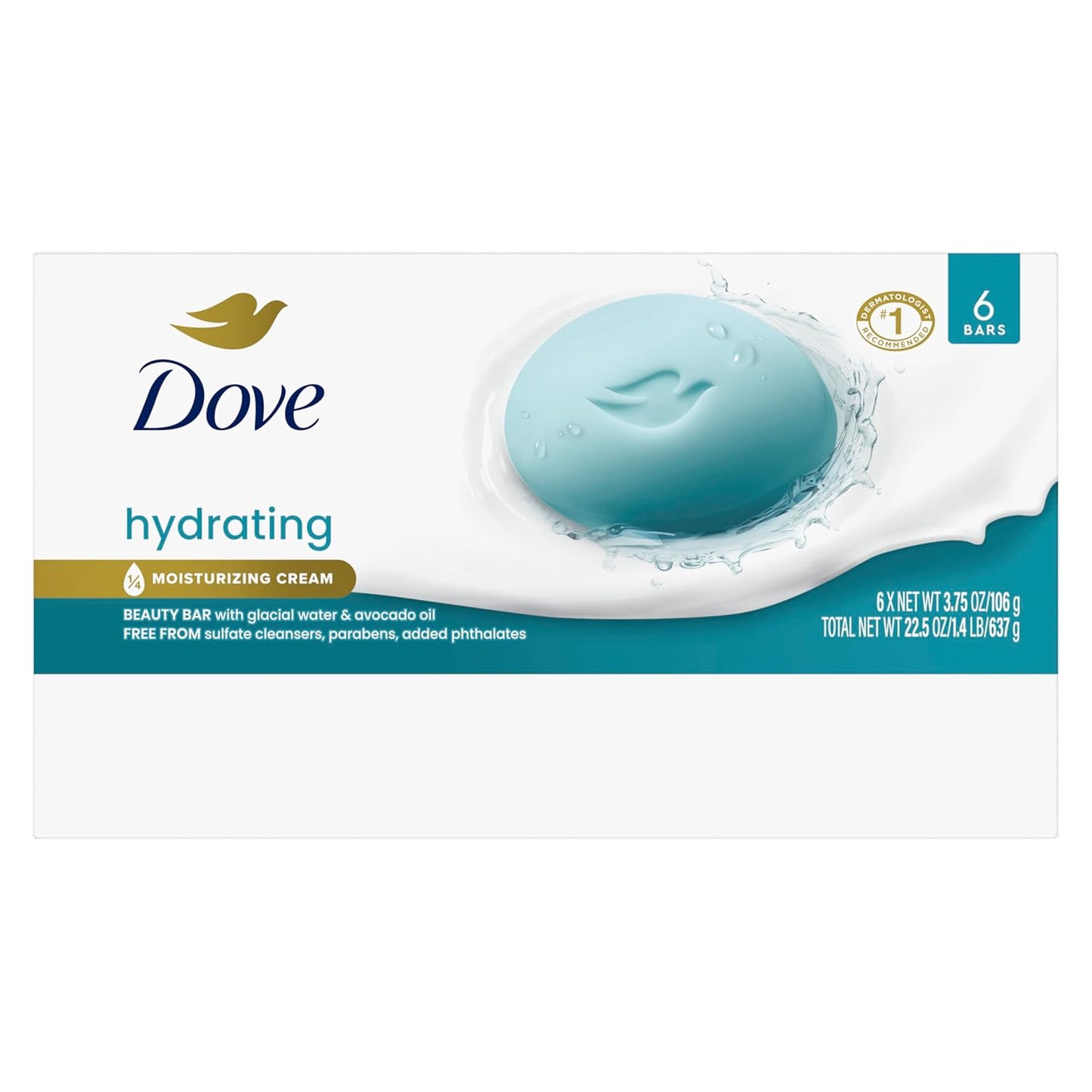 Dove Hydrating Beauty Bar Soap 6 Count, Glacial Water & Avocado Oil, 3.75 oz I Hydrating beauty bar with glacial water and avocado oil for refreshed, soft and healthy-looking skin