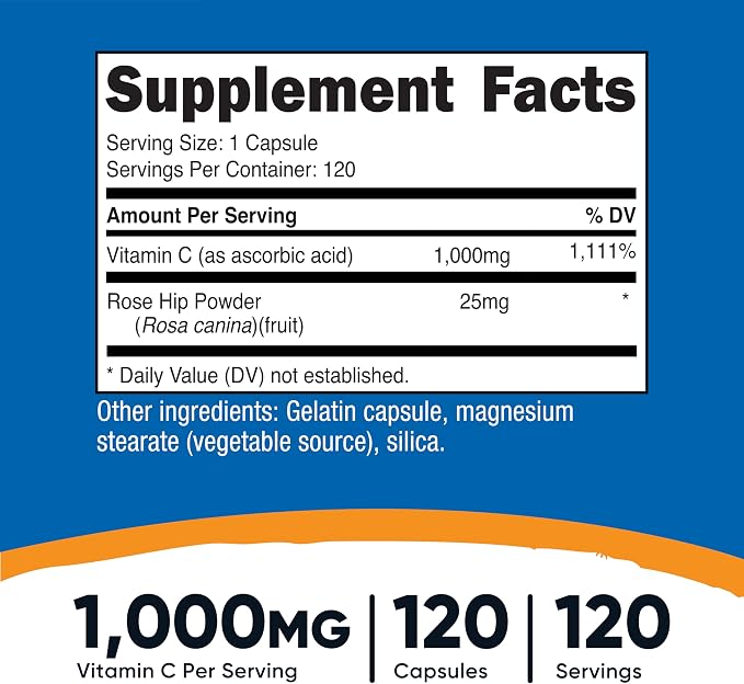Nutricost Vitamin C with Rose Hips 1025mg, 120 Capsules, Gluten Free