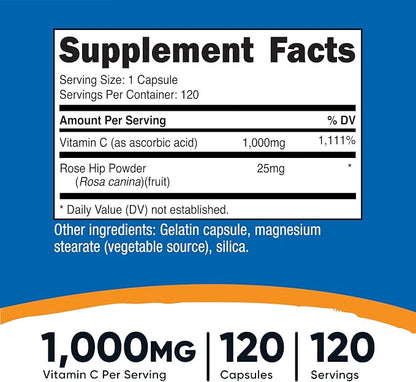 Nutricost Vitamin C with Rose Hips 1025mg, 120 Capsules - Vitamin C 1000mg, Rose Hips 25mg, Premium, Non-GMO, Gluten Free Supplement (Pack of 2)