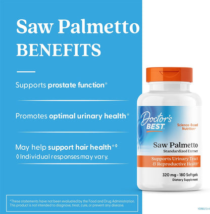 Doctor's Best Saw Palmetto Extract Supplement, Non GMO, 180 Ct Softgels