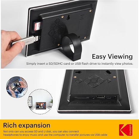 KODAK 7 Inch Digital Picture Frame with Remote Control, 1024x600 HD Display Digital Photo Frame, USB or SD Card Required, Auto-Rotate, Supports Photo/Video/Music/Calendar/Slideshow