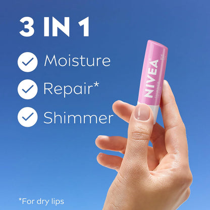 NIVEA Shimmer Lip Care, Shimmery Lip Balm Pack with Shea Butter, Nourishing Oils and Vitamin C & E, 3-in-1 Moisture, Repair and Shimmer, 0.17 Oz Stick (Pack of 48)