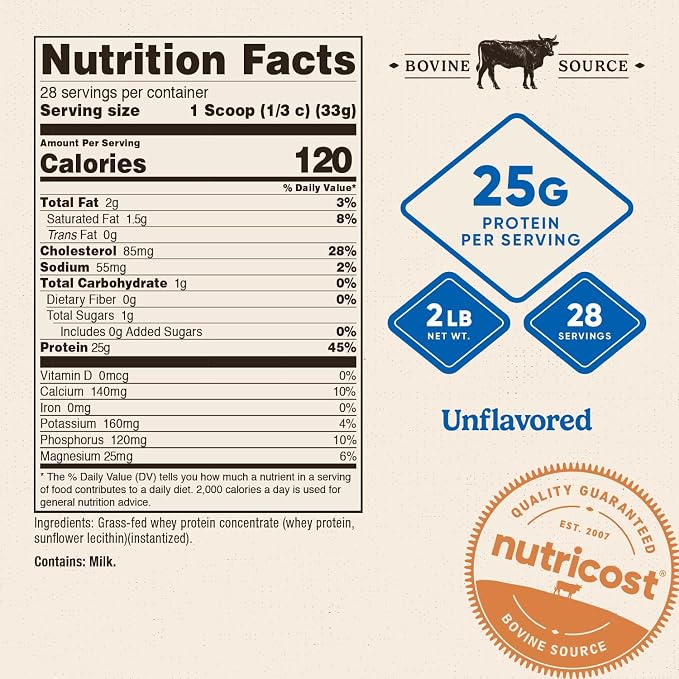 Nutricost Grass-Fed Whey Protein Concentrate Powder (Unflavored) 2LBS