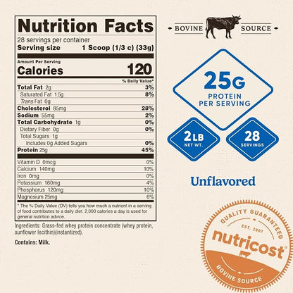 Nutricost Grass-Fed Whey Protein Concentrate Powder (Unflavored) 2LBS