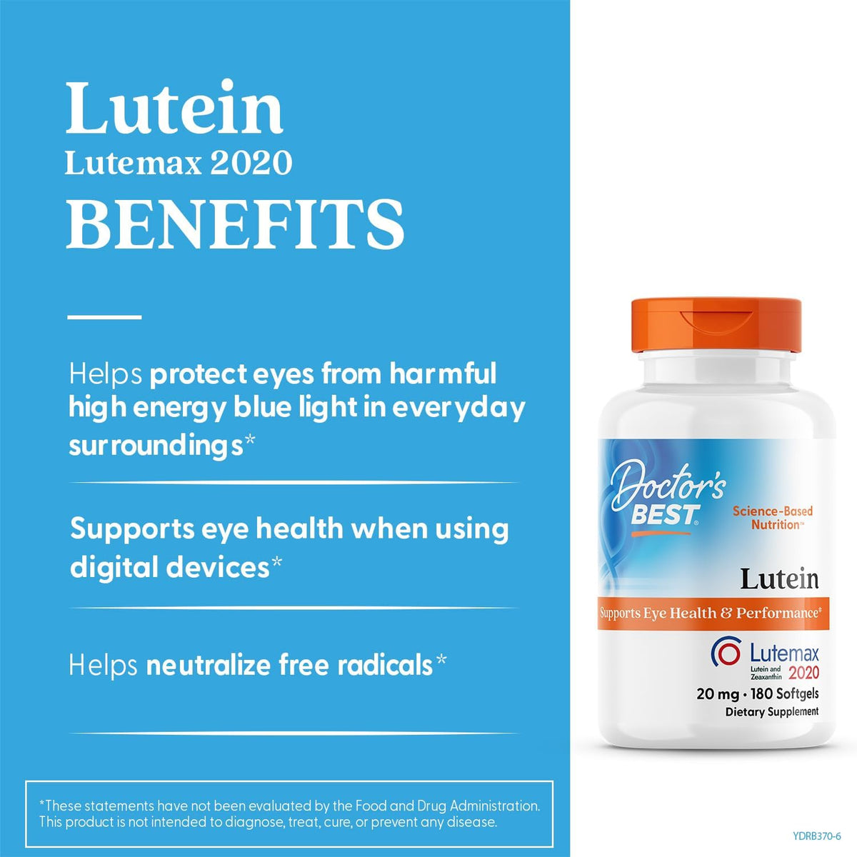 Doctor's Best Lutein Supplement 20mg with Zeaxanthin, 180 Softgels