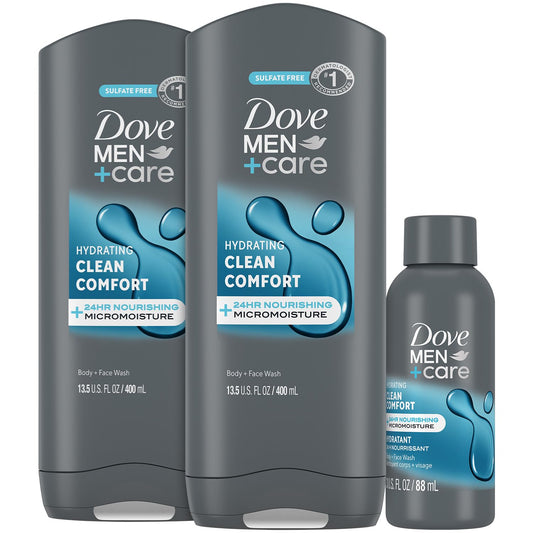 Dove Men+Care Body + Face Wash 2-Pack + Travel-Size Body Wash – Clean Comfort with 24HR Nourishing MicroMoisture, Lemon & Cedarwood Scent